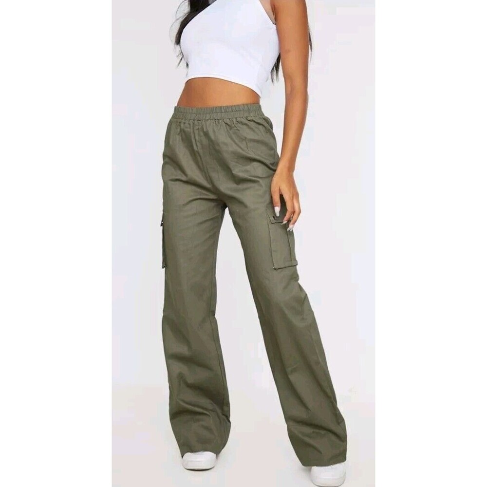 Pretty Little Thing Wide Leg High Waisted Cargo Pants Army Green Gorpcore 12